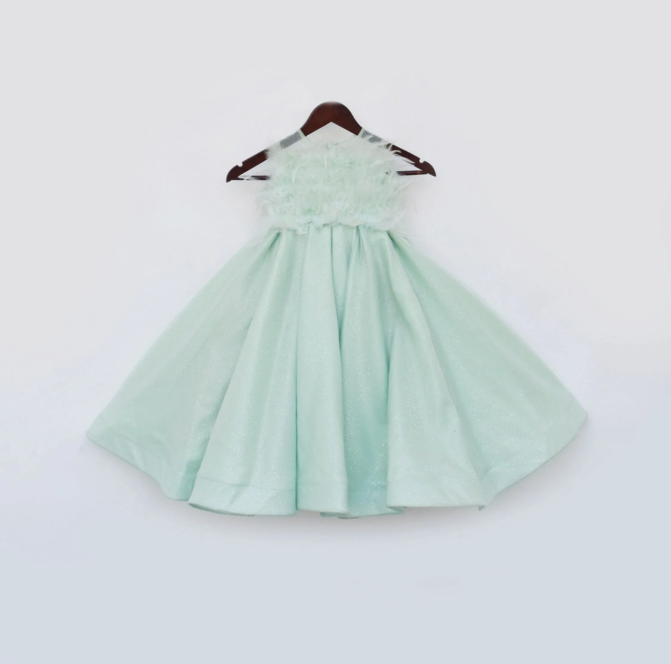 Pre Order: Pista Green Gown with Fur on Yoke