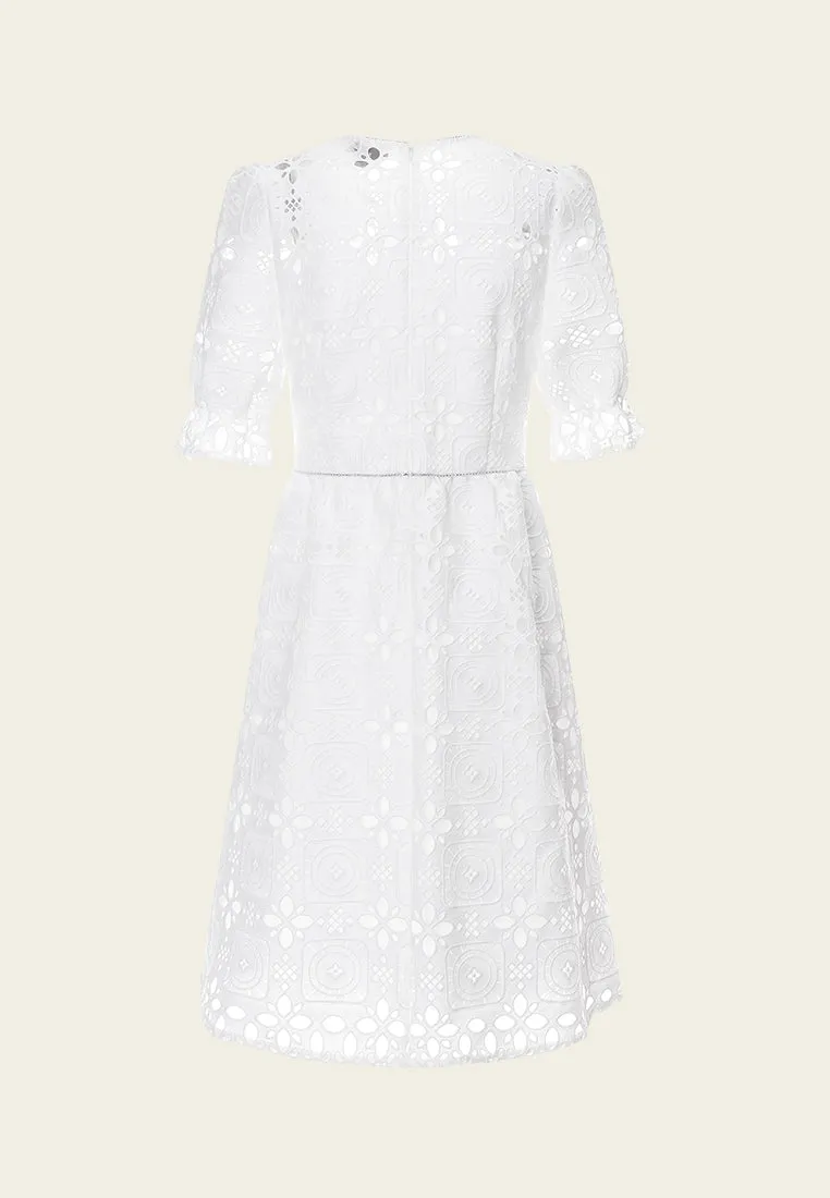 Puff Sleeves White Lace Dress