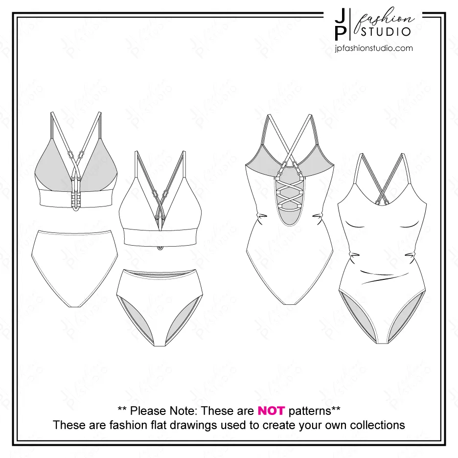 Set of Women's Swimsuit Sketches (2 styles) / Fashion Flat Sketches / Swimwear Technical Drawings / Bikini and One-piece CADs for Adobe Illustrator