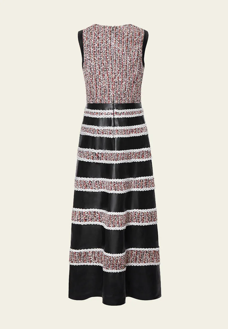 Tweed-Leather Striped Sleeveless Maxi Dress