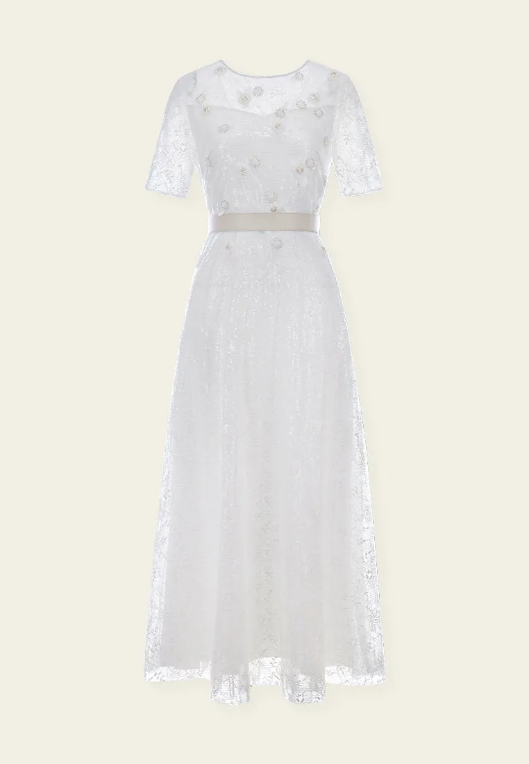 White Embellished Lace Maxi Dress