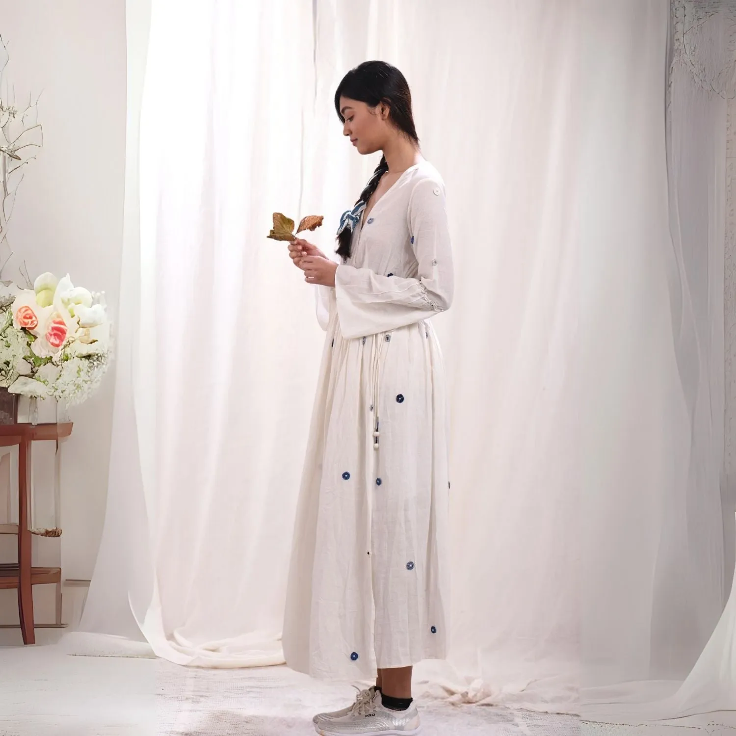 White Maxi Wrap Dress For Women | Hand Embroidery | Cotton Muslin | Relaxed Fit
