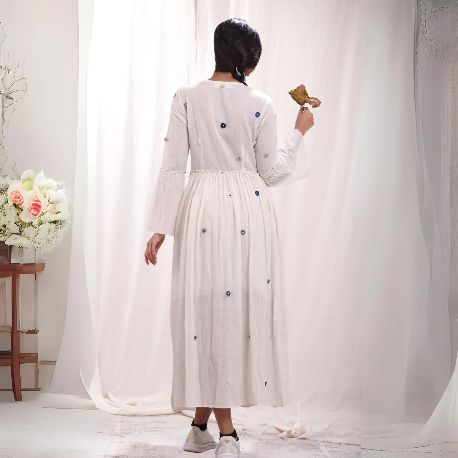 White Maxi Wrap Dress For Women | Hand Embroidery | Cotton Muslin | Relaxed Fit