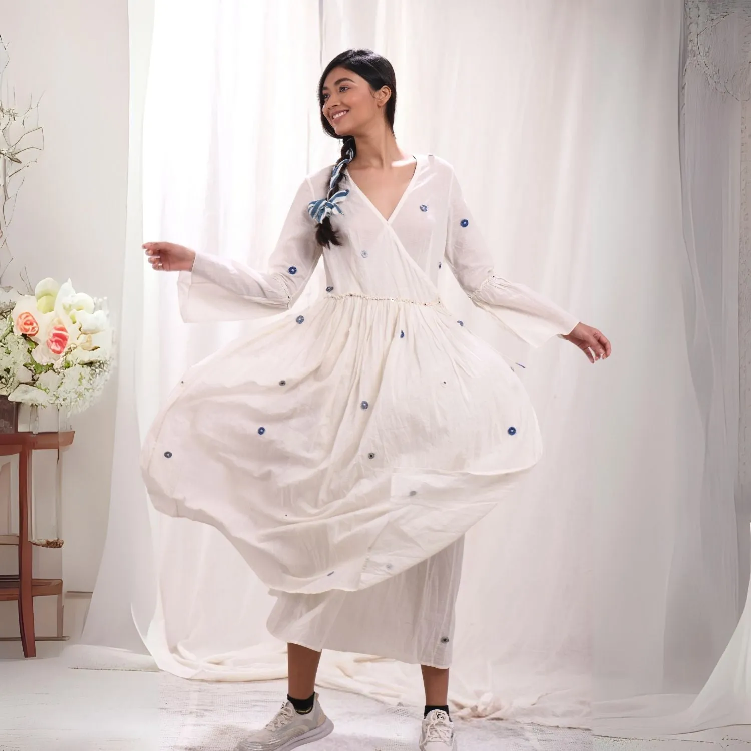 White Maxi Wrap Dress For Women | Hand Embroidery | Cotton Muslin | Relaxed Fit