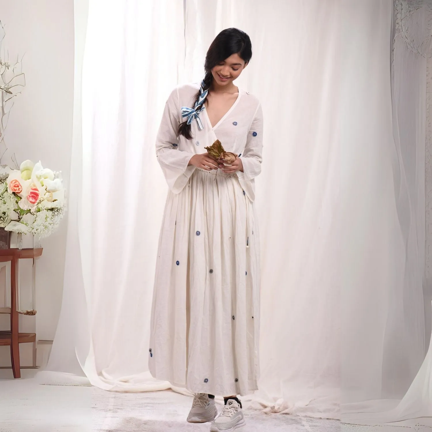 White Maxi Wrap Dress For Women | Hand Embroidery | Cotton Muslin | Relaxed Fit