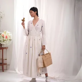 White Maxi Wrap Dress For Women | Hand Embroidery | Cotton Muslin | Relaxed Fit