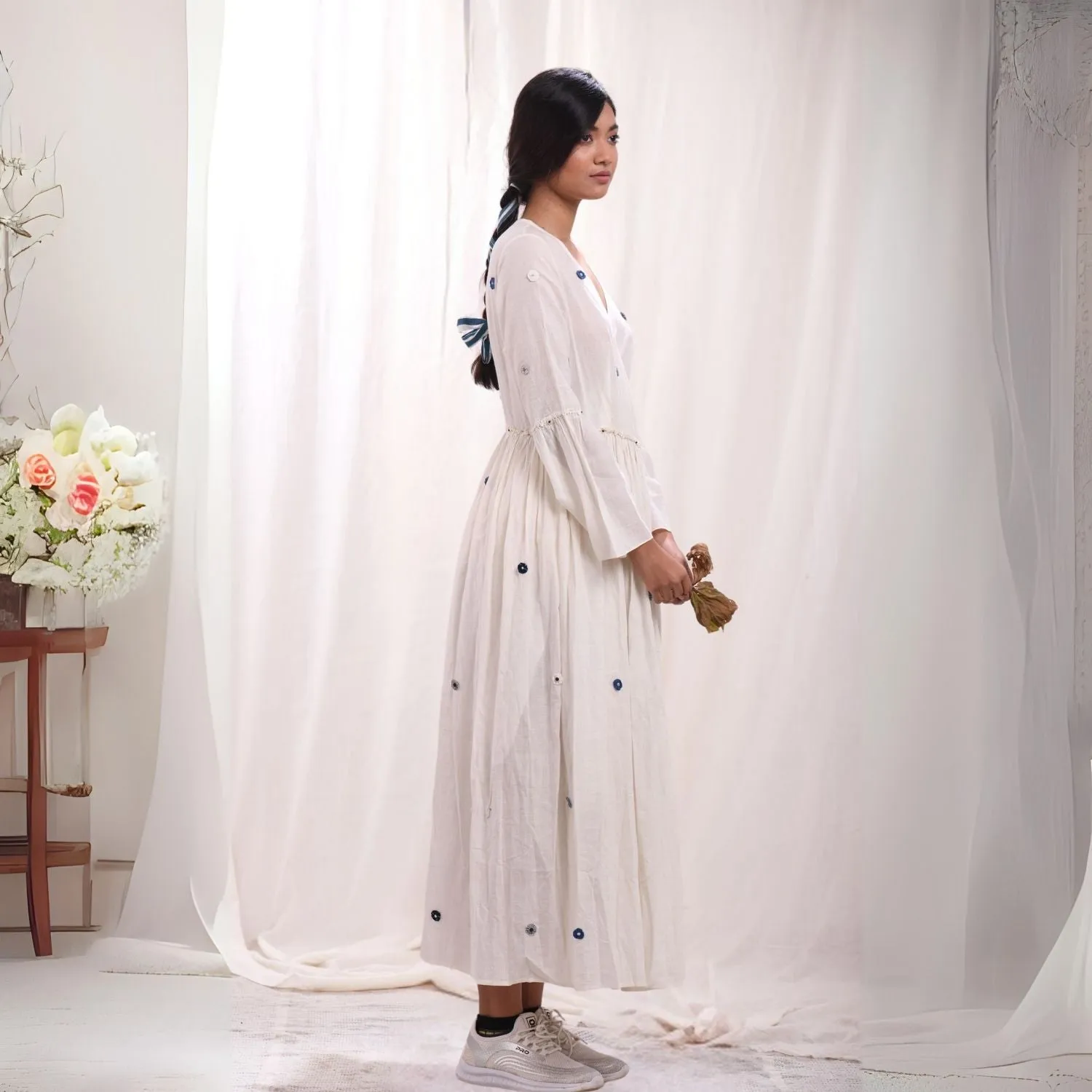 White Maxi Wrap Dress For Women | Hand Embroidery | Cotton Muslin | Relaxed Fit