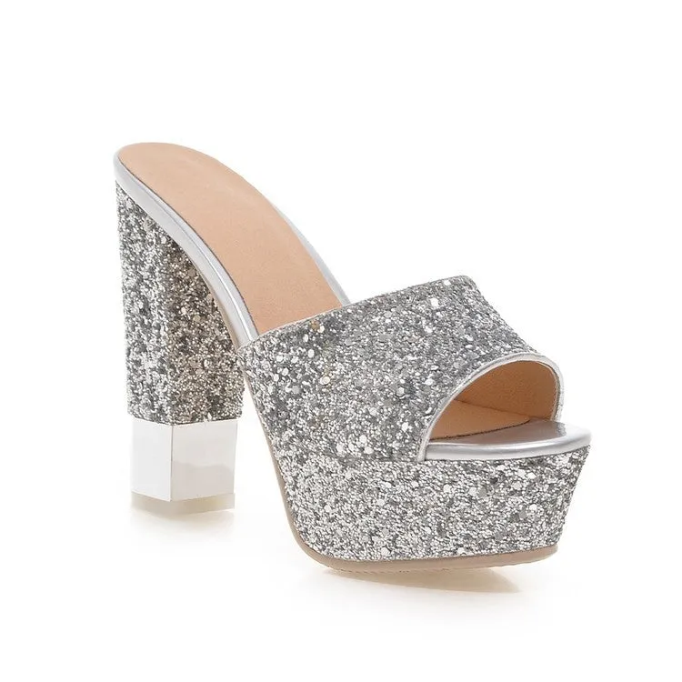 Women High Heel Sequin Slides Platform Sandals Shoes 7640