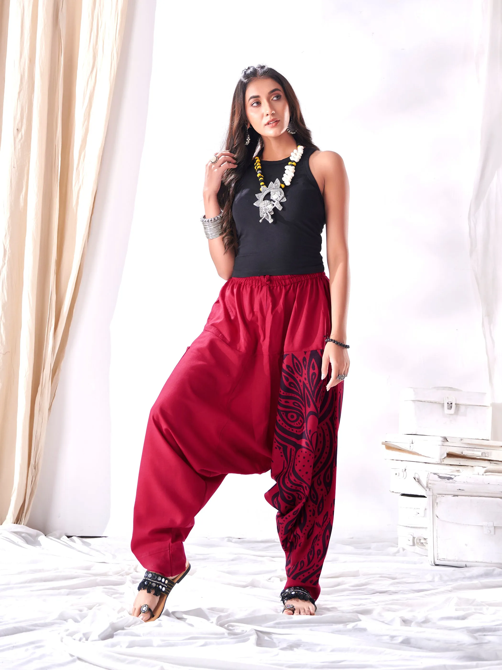 Women's Red Owl Bohemian Hippy Aladdin Balloon Harem Pants For Travel Yoga Dance