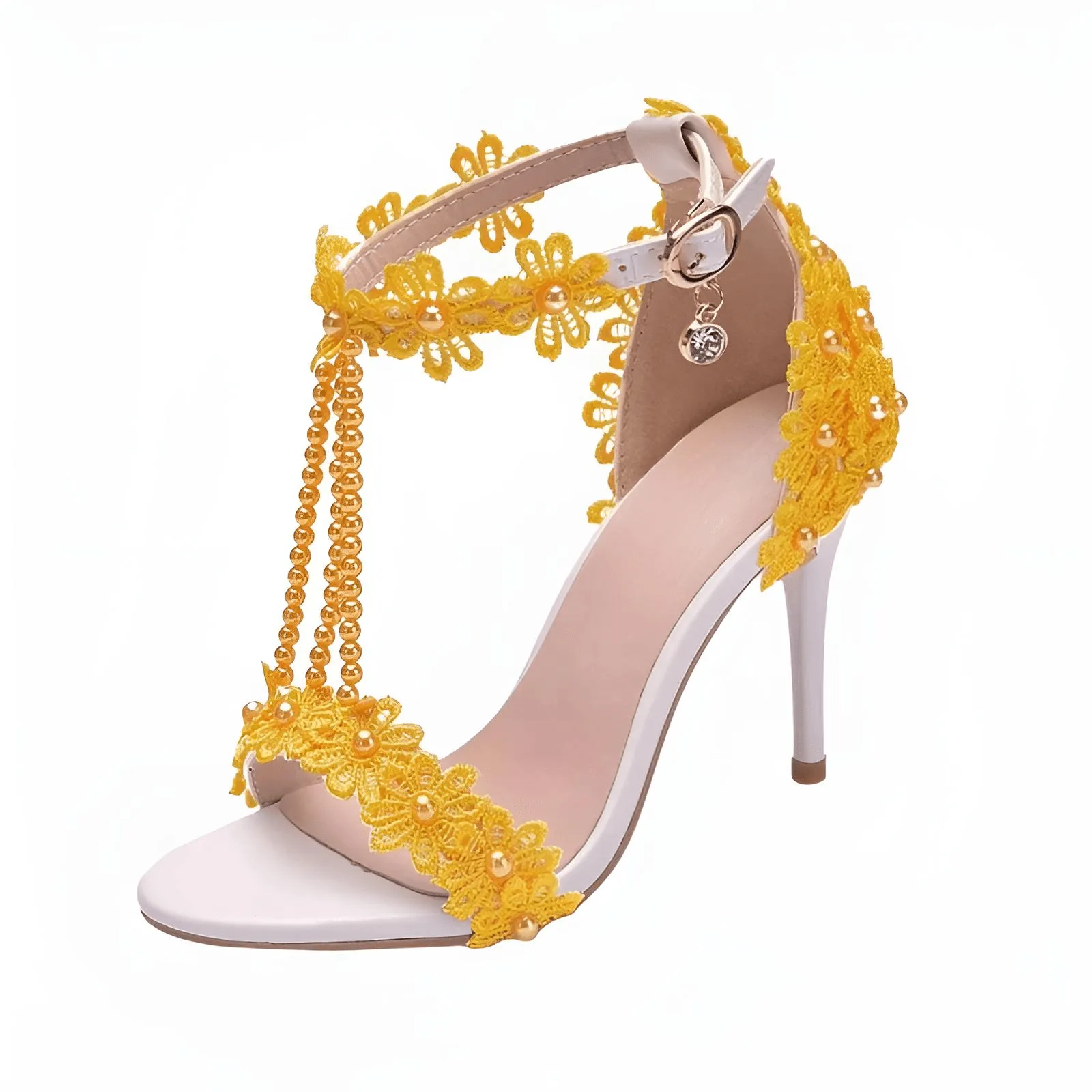 Women's Sandals Flowers Pearls T-Tied Stilettos Wedding Shoes High Heel Bridal Pumps
